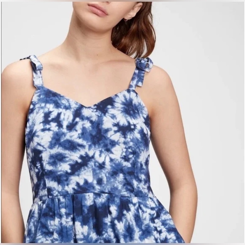GAP Size 6 Blue Tie Dye Midi Dress- Smocked / Stretch Back, Tie Straps, Lined - Picture 7 of 11